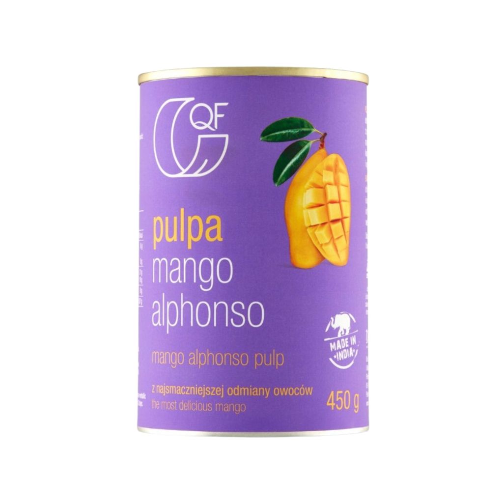 A can of mango pulp with a mango illustration on a white background.