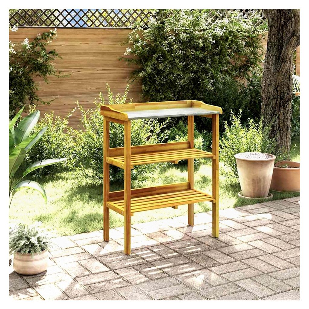 Pflanztisch mit 2 Ablageböden aus massivem Akazienholz und Zinkplatte, 76 x 37 x 92 cm, rustikales Design für Garten und Innenbereich