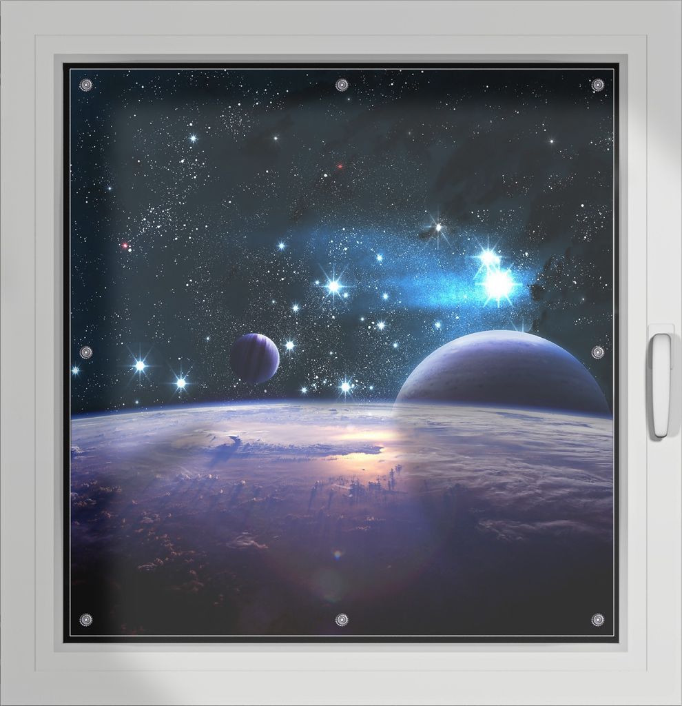 Wallario Lichtschutzbild, Dekorativer Sichtschutz Sonnenschutz 96 x 100 cm mit Motiv: Planeten im Weltall - Verdunklung ohne Bohren