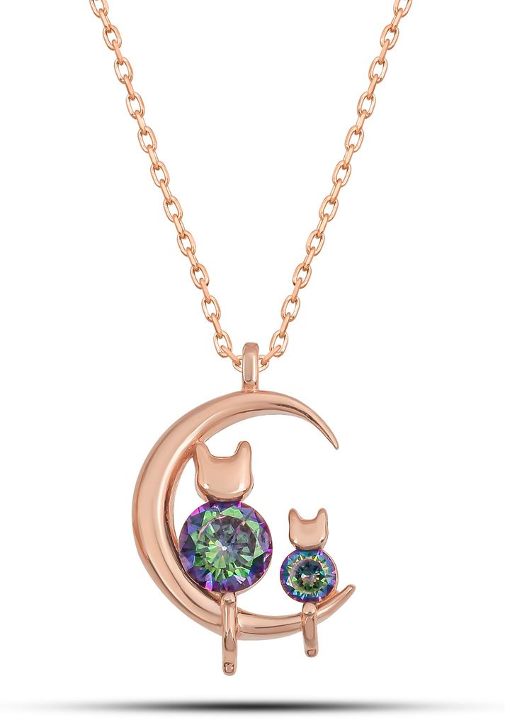 Katzen Mond Kette Mystic Topaz 925 Sterling Silber Rose Vergoldet Elegant