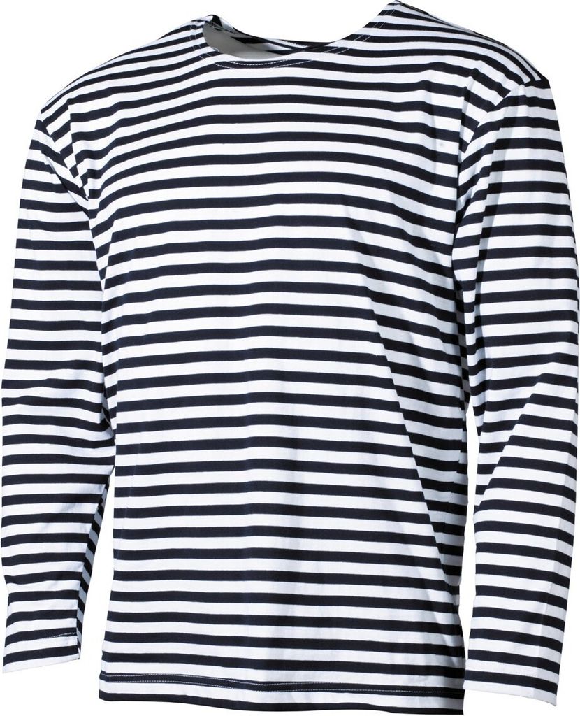A long-sleeved, striped shirt is shown against a white background.