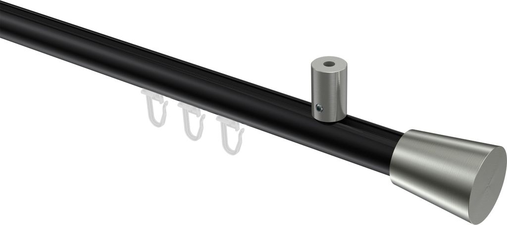 Interdeco Innenlaufstange / Gardinenstange mit Innenlauf Schwarz / Edelstahl-Optik, Typ Sonius Sitra (Konus) Deckenmontage, 20 mm Ø 1-läufig, 240 cm
