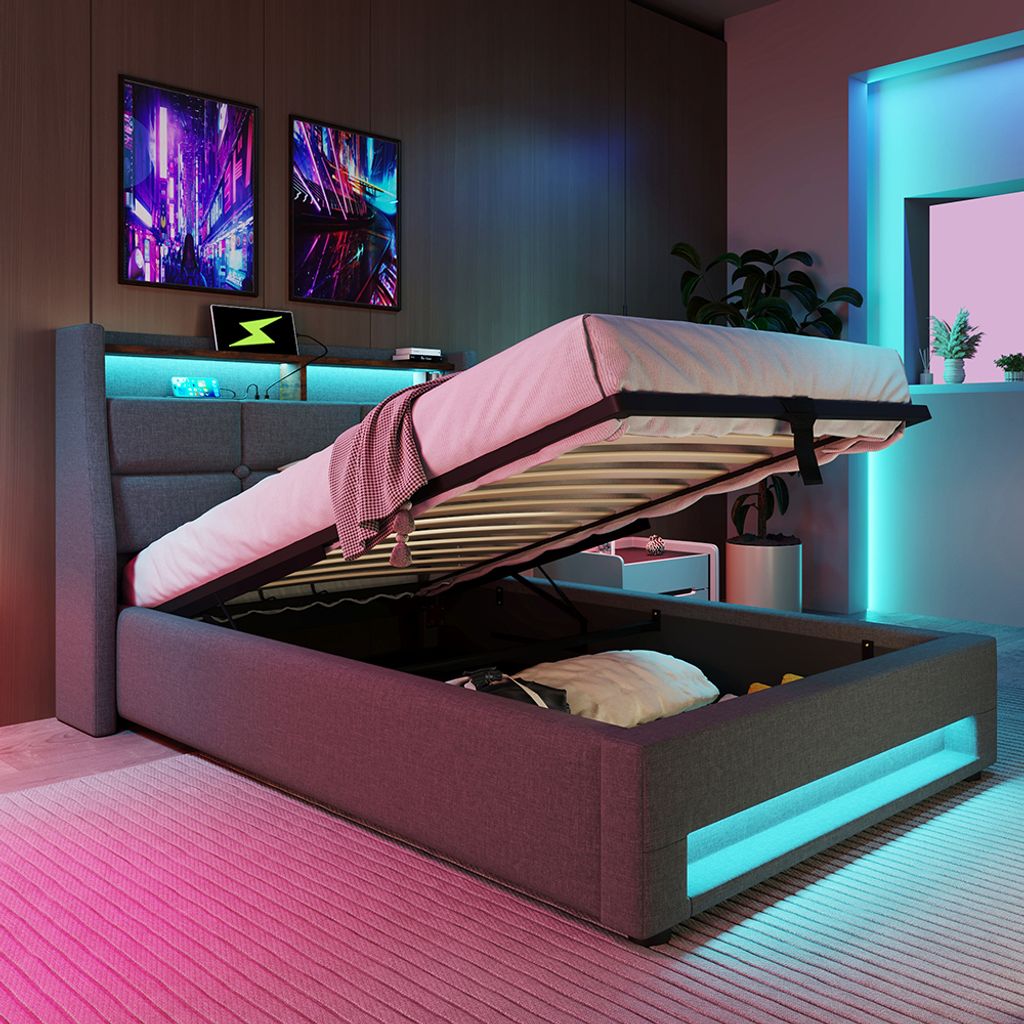 A modern bedroom with a bed that has storage underneath, illuminated by LED lights.