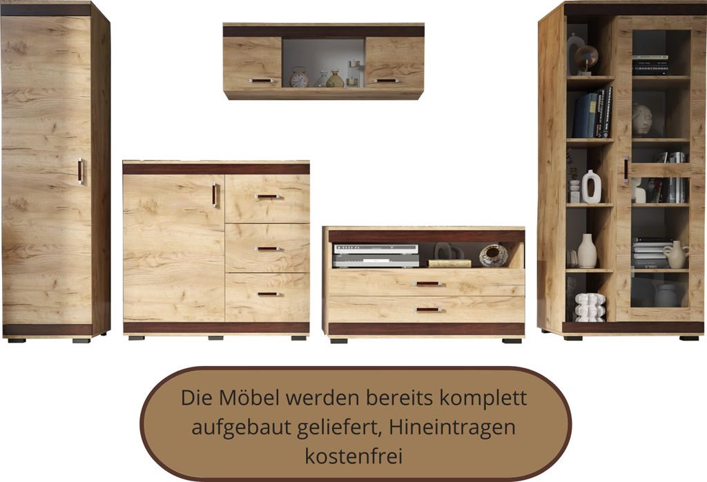 KOMBO Wohnwand 5-teilig - Schrankwand, TV-Element, Kombi-Vitrine - Goldene Eiche