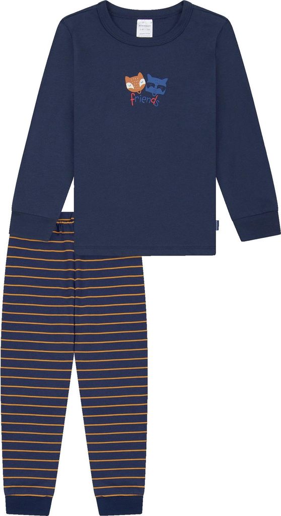 SCHIESSER Jungen Schlafanzug, lang - Kids, Bündchen, Baumwolle, Print Dunkelblau 140