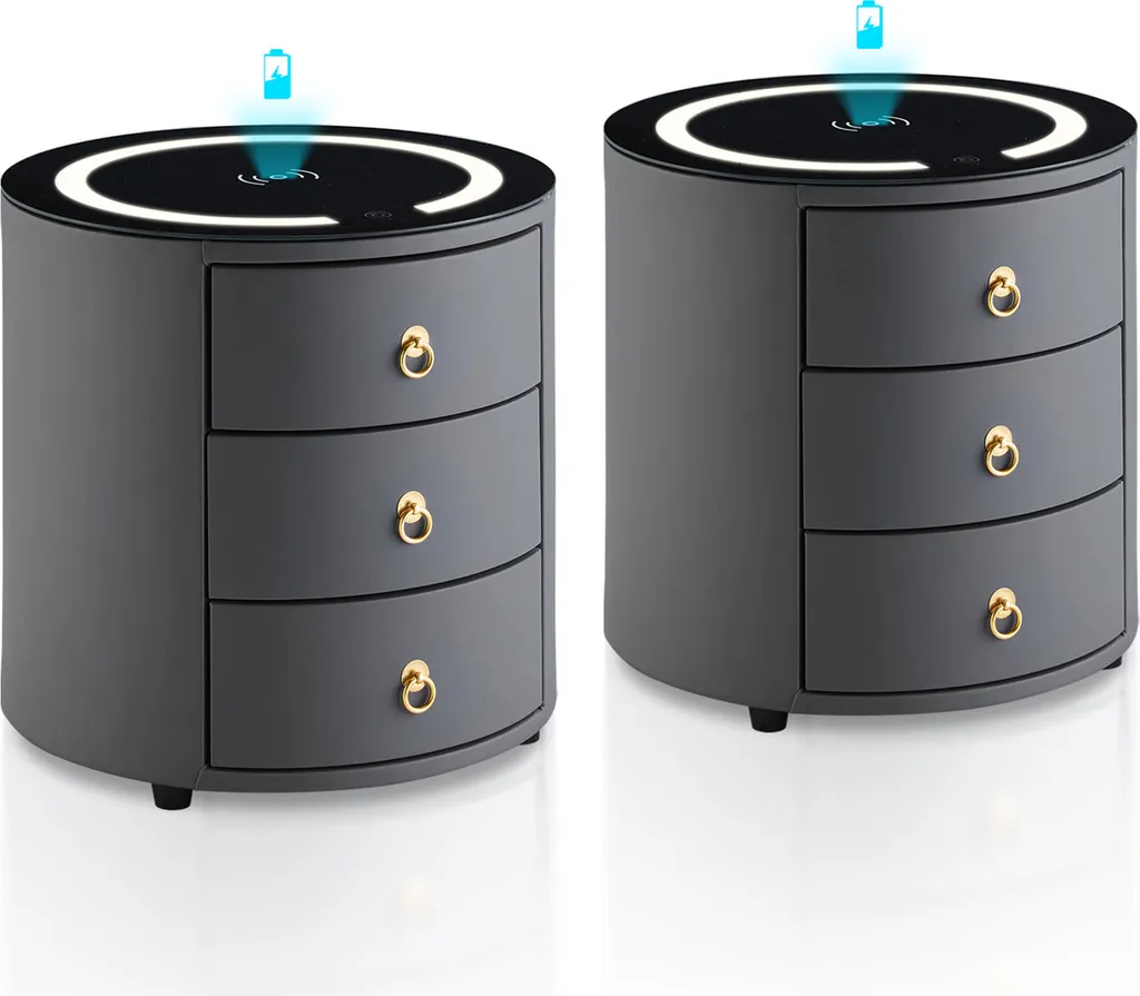 Table de Nuit Ronde Grise contre l'encombrement, LED et Chargeur Qi