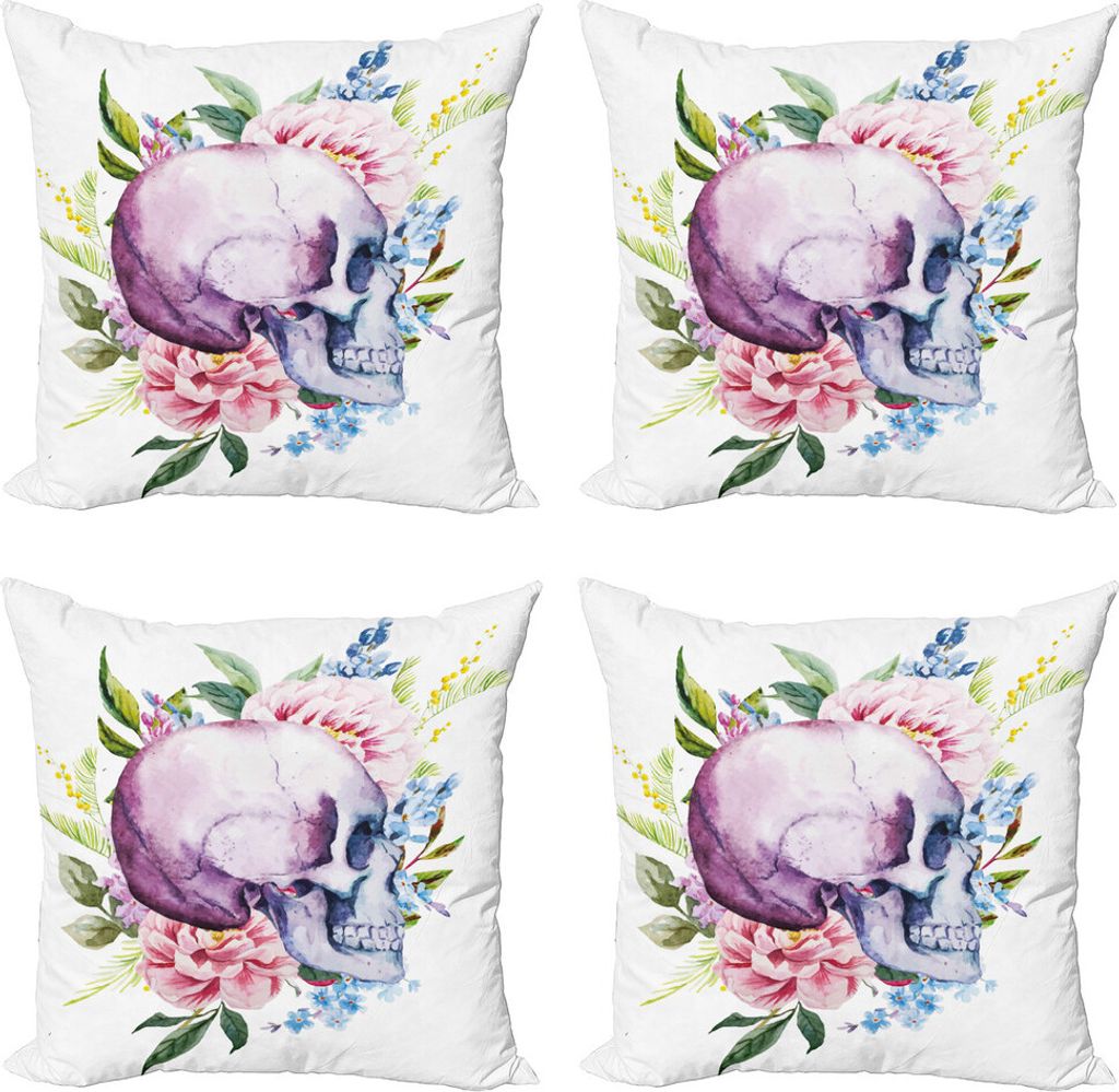 ABAKUHAUS Schädel Kissenbezug Set (4 Stück), Abstrakte Schädel Blumen, Moderner Doppelseitiger Digitaldruck, 60 cm x 60 cm, Mehrfarbig