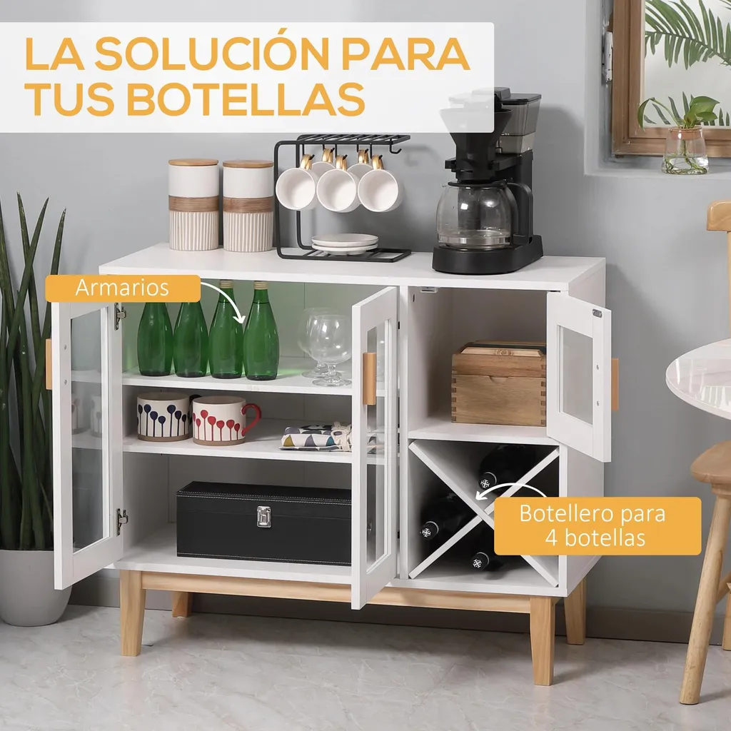 Buffet bas de cuisine design blanc et bois avec porte-bouteilles intégré - 5