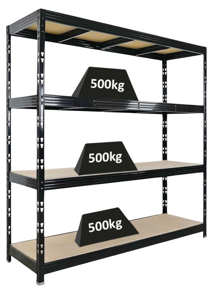 Profi Schwerlastregal Rhino | HxBxT 200x200x60cm | 4 Spanplatten-Ebenen 16mm | Fachlast 500kg | Schwarz