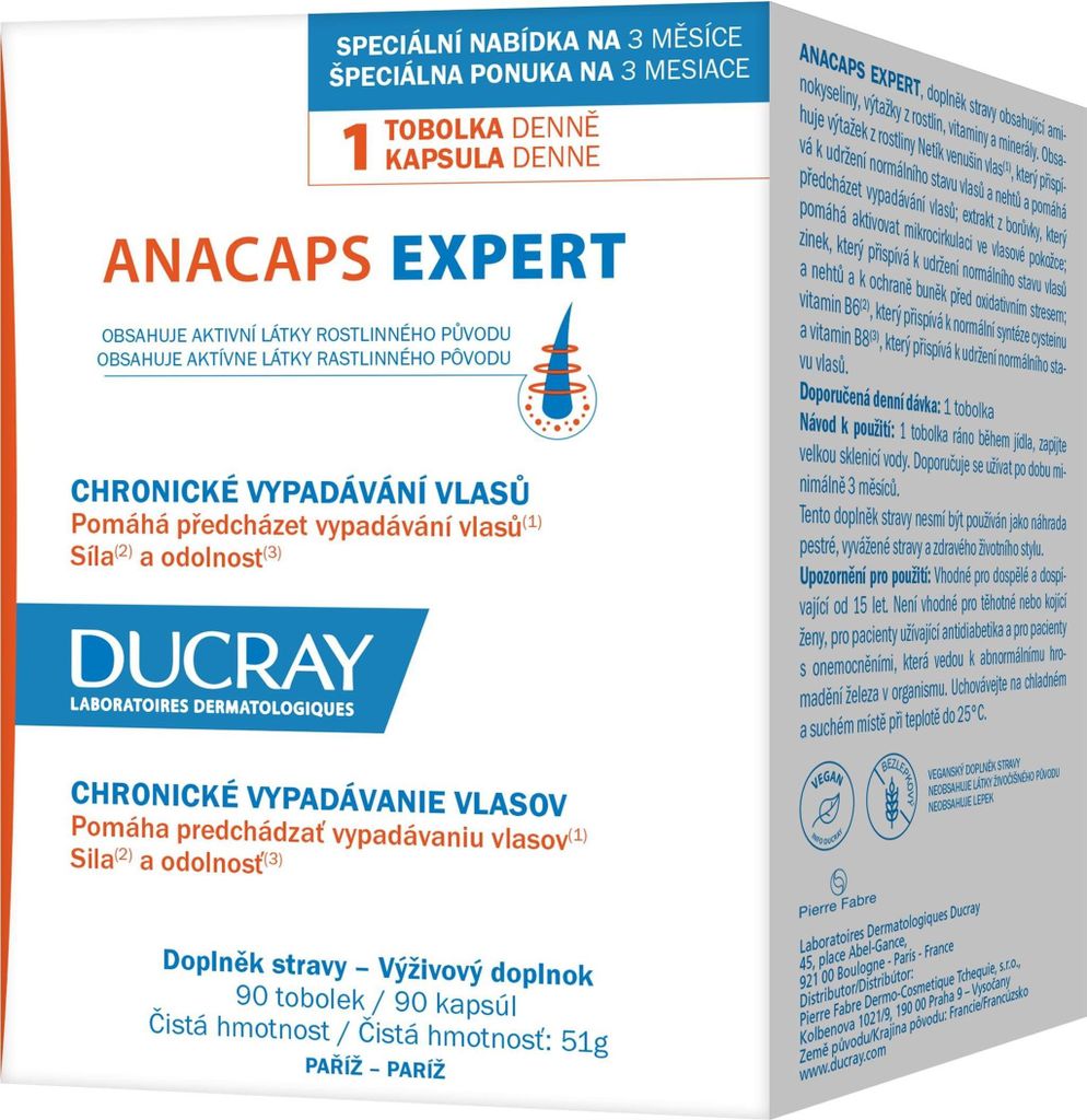 The image shows the packaging of Ducray Anacaps Expert capsules, with text detailing its benefits and usage.