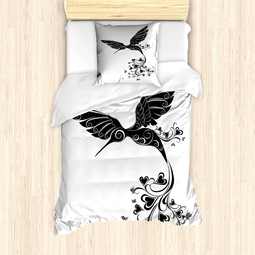 ABAKUHAUS Set copripiumino bianco e nero per letti singoli, Hummingbird Herz, antiacaro, adatto a chi soffre di allergie, con federa, 135 cm x 200 cm - 80 x 80 cm, bianco e nero