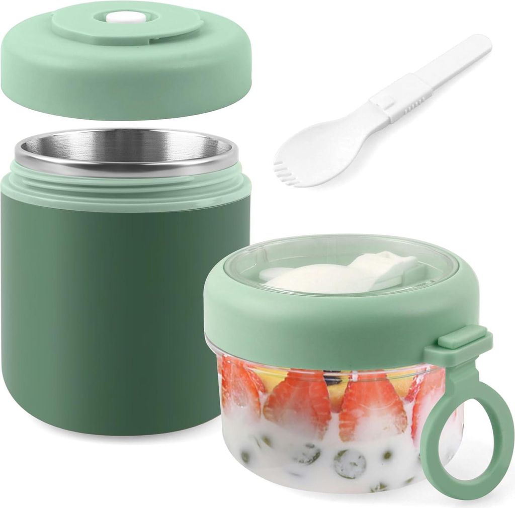 Edelstahl Mš¹slibecher to Go, 2-in-1 Joghurtbecher to Go Mit L?ffel, 530ml+330ml Tragbarer Auslaufsicherer Mš¹slibecher Geeignet fš¹r Gefrier...