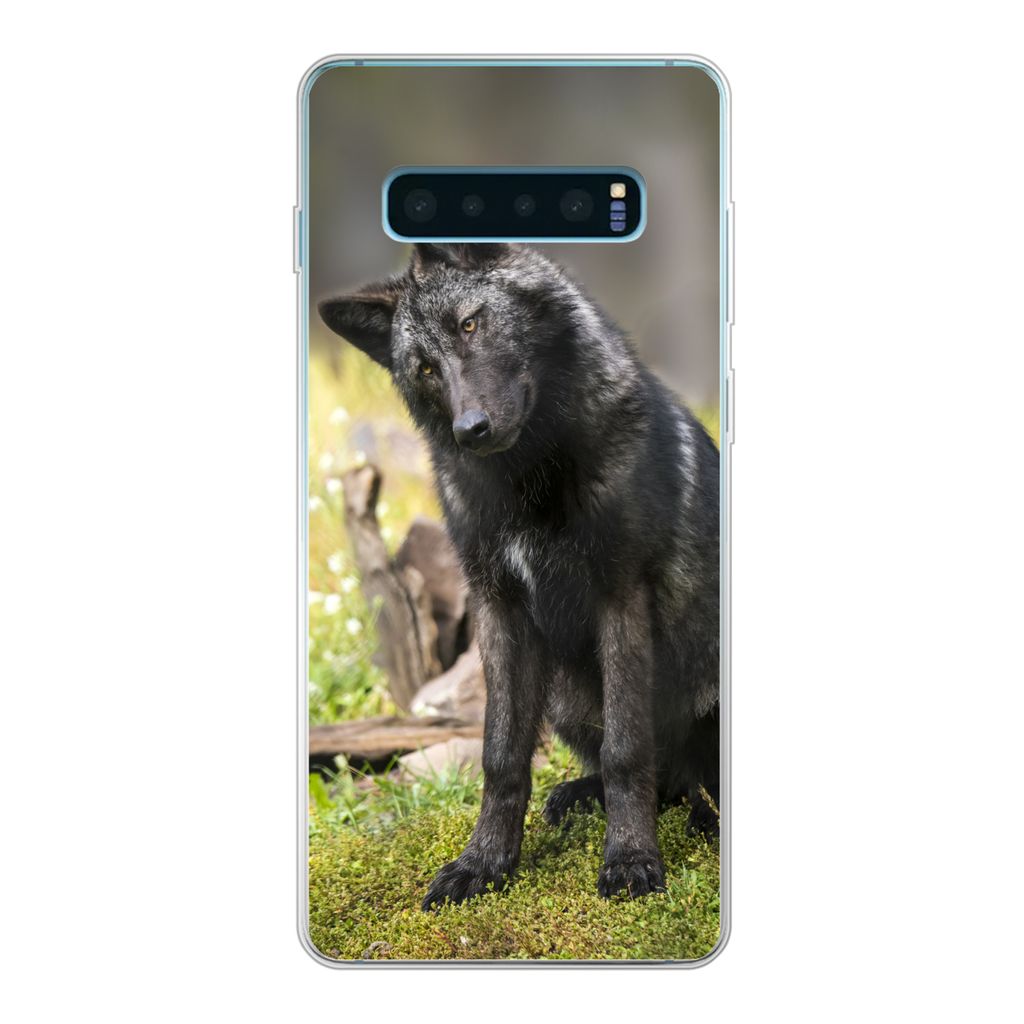 MuchoWow Handyhülle Schutzhülle Hülle für Samsung Galaxy S10 Plus Wolf - Schwarz - Gras Silikon Softcase Handy Hülle - Schutzhülle