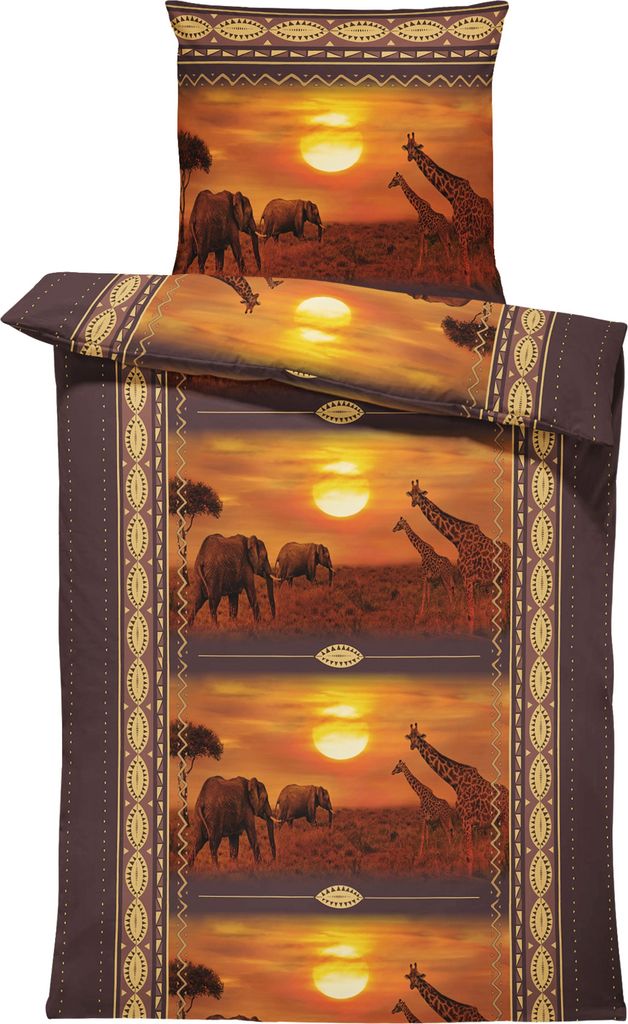 Bettwäsche 135x200 cm Afrika Safari Elefanten Giraffen Tiere braun Microfaser