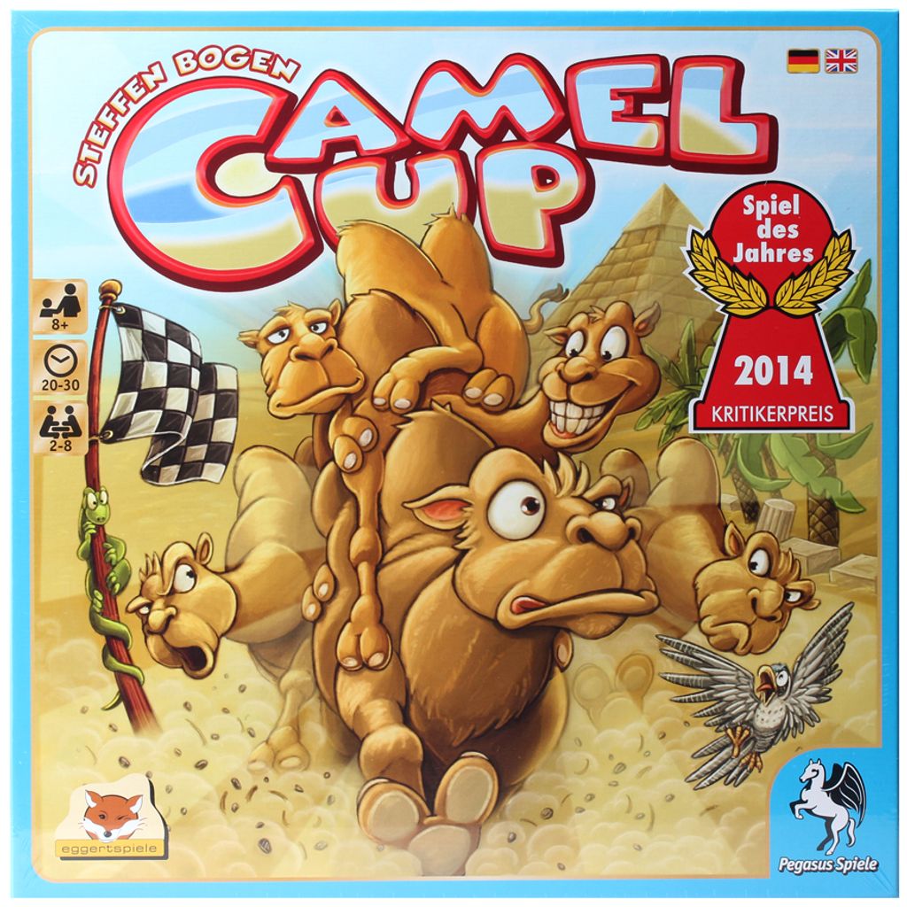 The image shows the box art for the board game Camel Up, featuring cartoon camels racing in a desert with pyramids in the background.