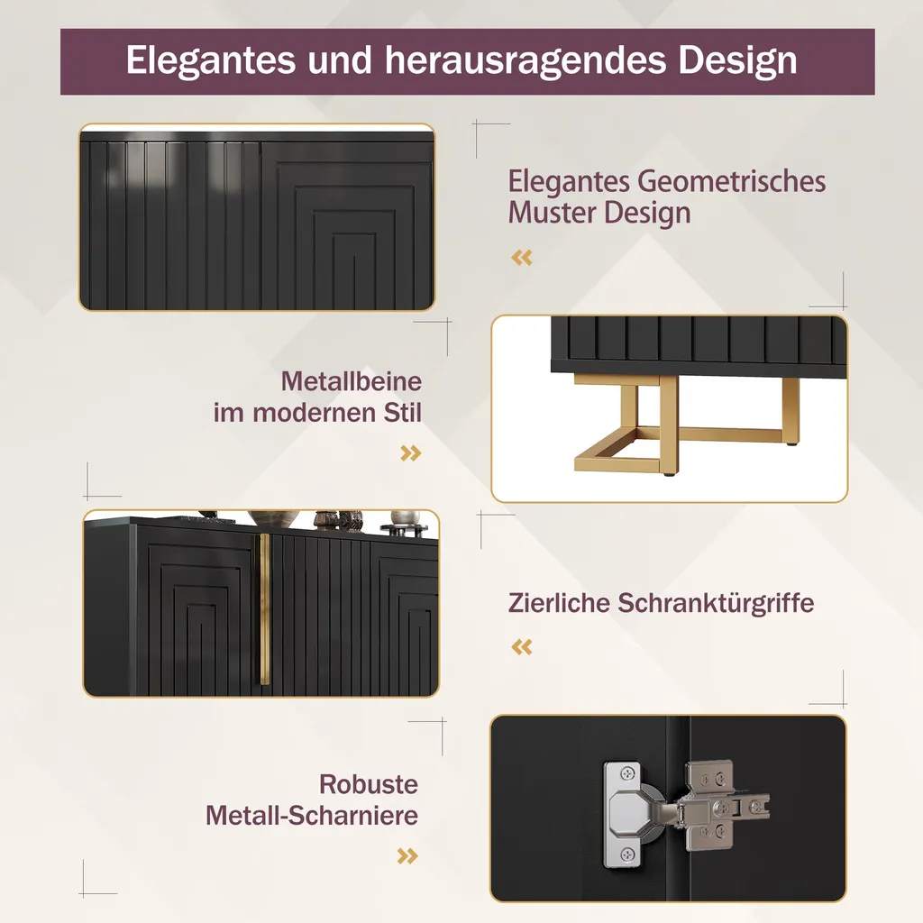 Commode Buffet Noir 152cm avec Design Géométrique et Finitions Dorées - 7