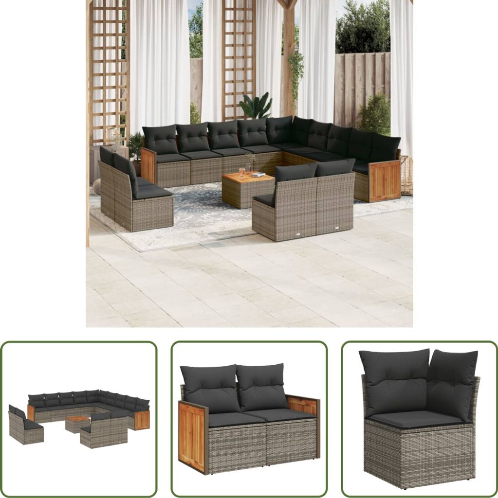 The Living Store 14-tlg. Garten-Sofagarnitur mit Kissen Grau Poly Rattan