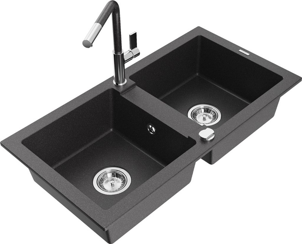 Mexen Mario 2-Becken-Granitspüle mit Mischbatterie Flora, Schwarz gesprenkelt - 6504-76-670401-08
