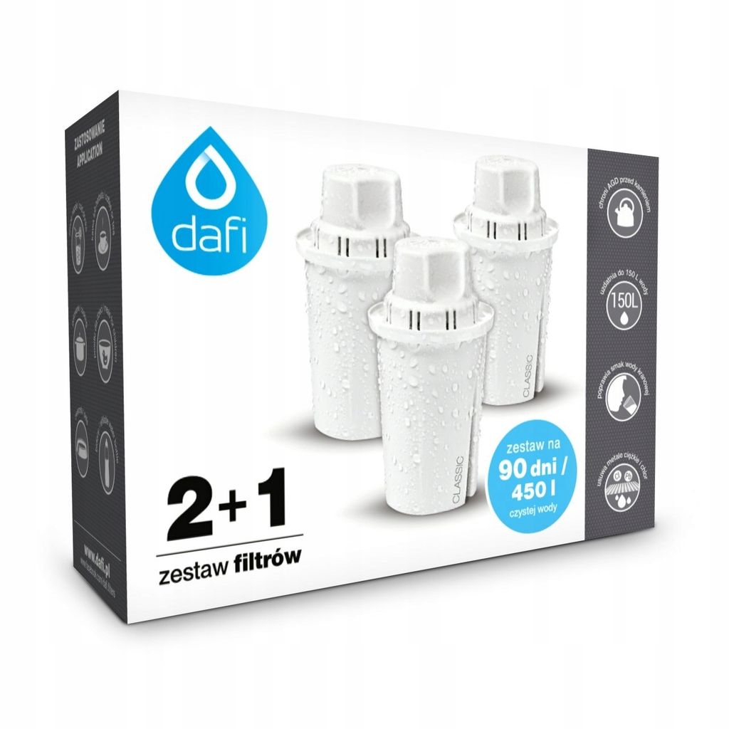 A box containing three Dafi water filters.