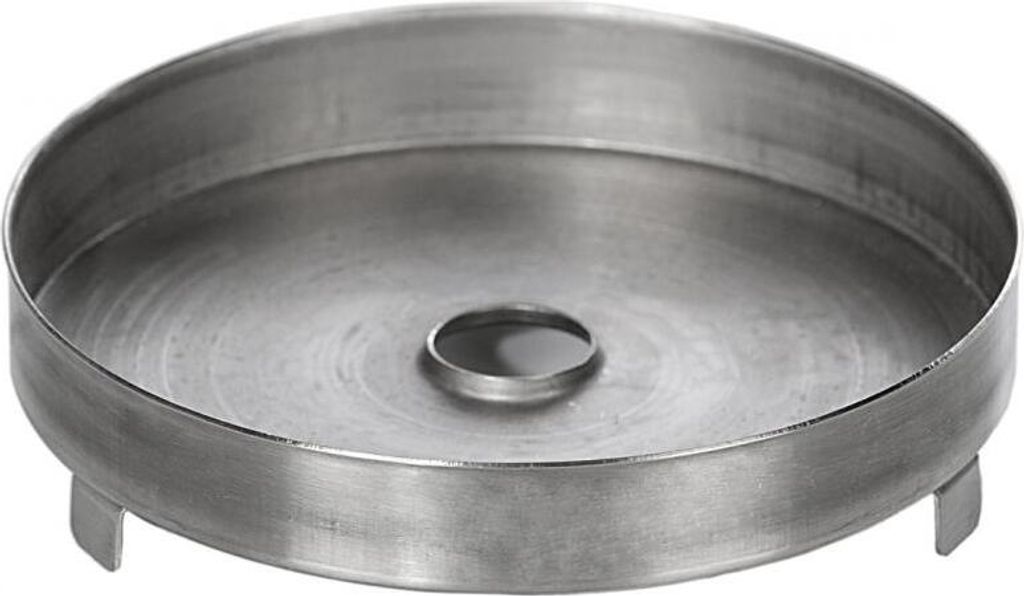 A metal tray with a central raised ring and three small legs.