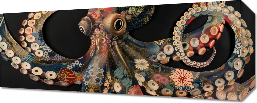 Image 50 x 20 cm Poulpe en Noir - Tableau Panoramique Déco Marine Moderne