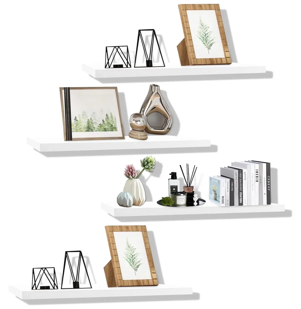 Étagère Suspendue en Bois Blanc, Lot de 4 Tablettes Murales Modernes