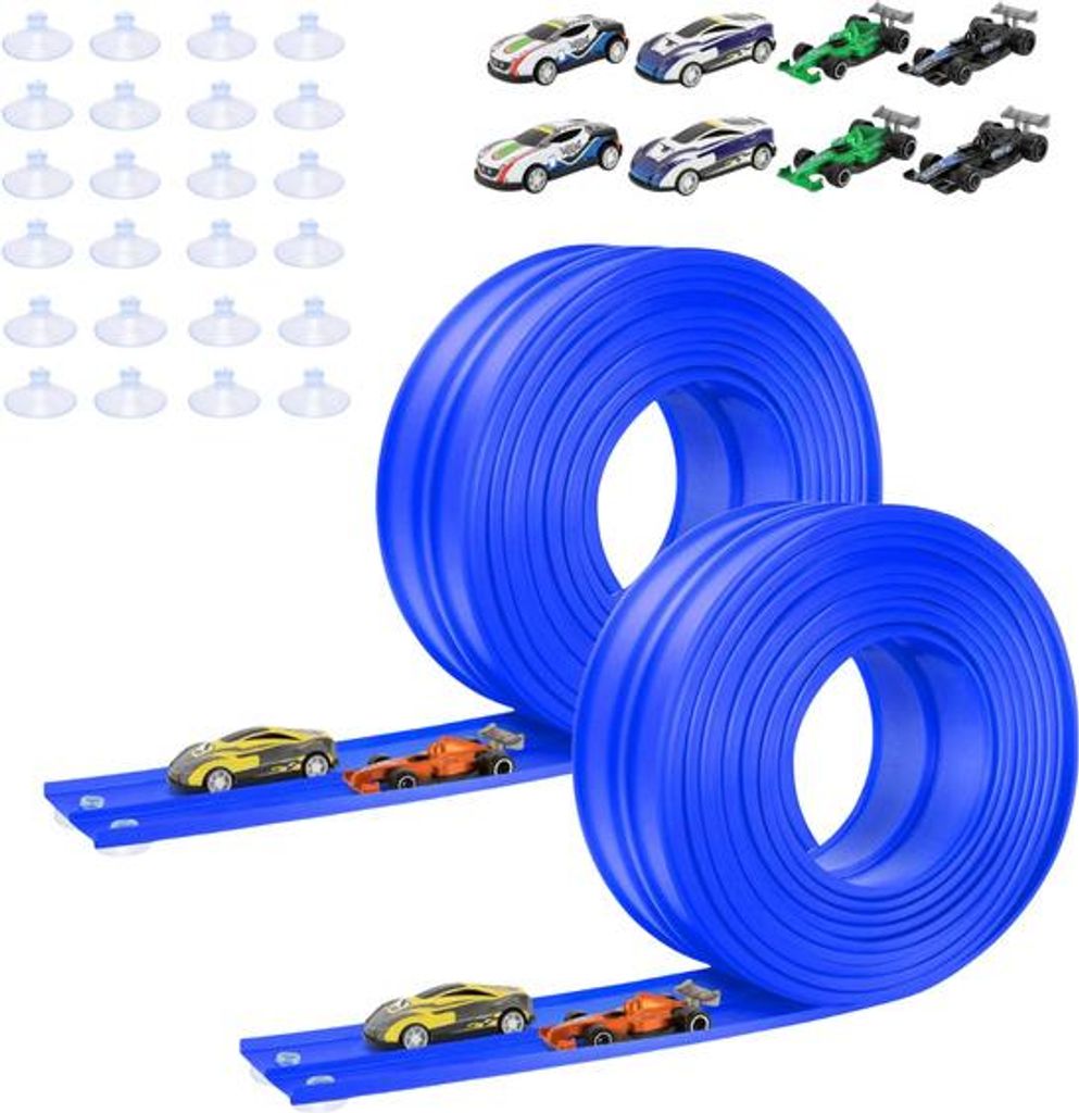 A product image showcasing a toy car race track set with cars and accessories.