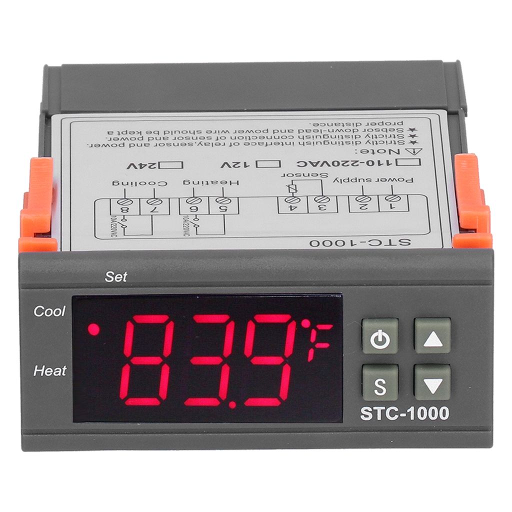 A digital temperature controller with a red LED display.