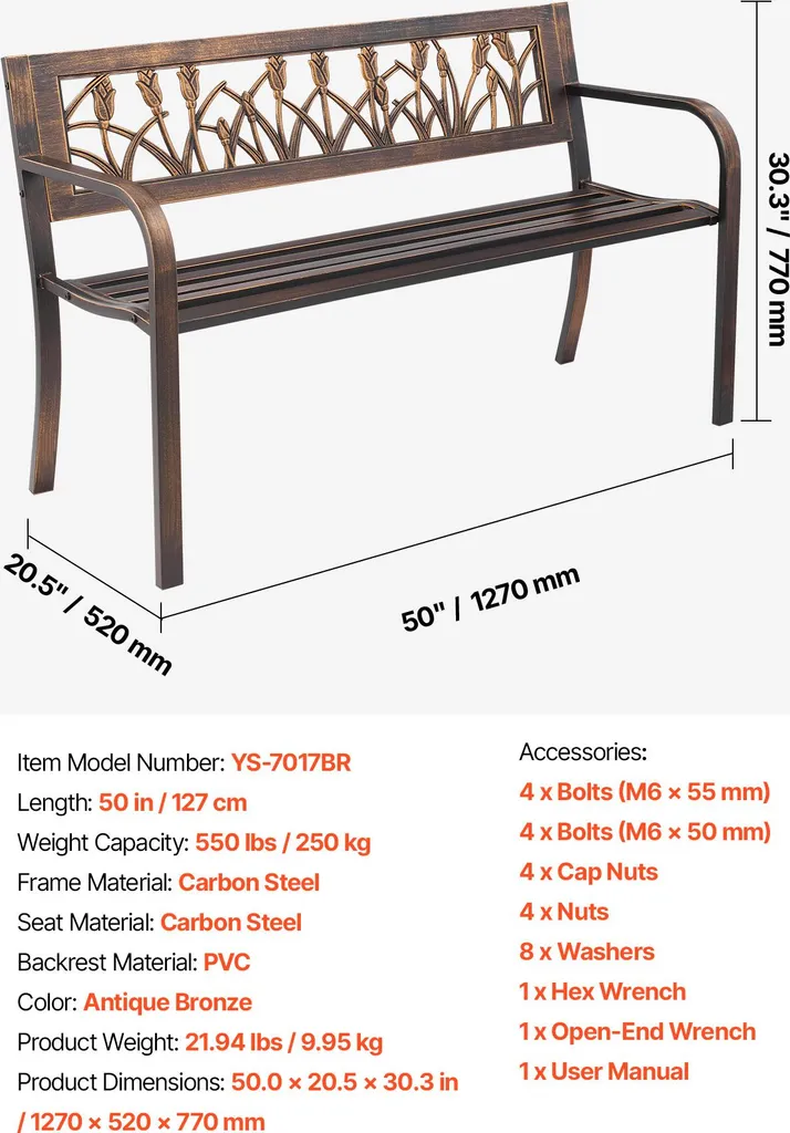 Banc Extérieur 250 kg Capacité de Charge Acier et PVC Style Rétro Bronze