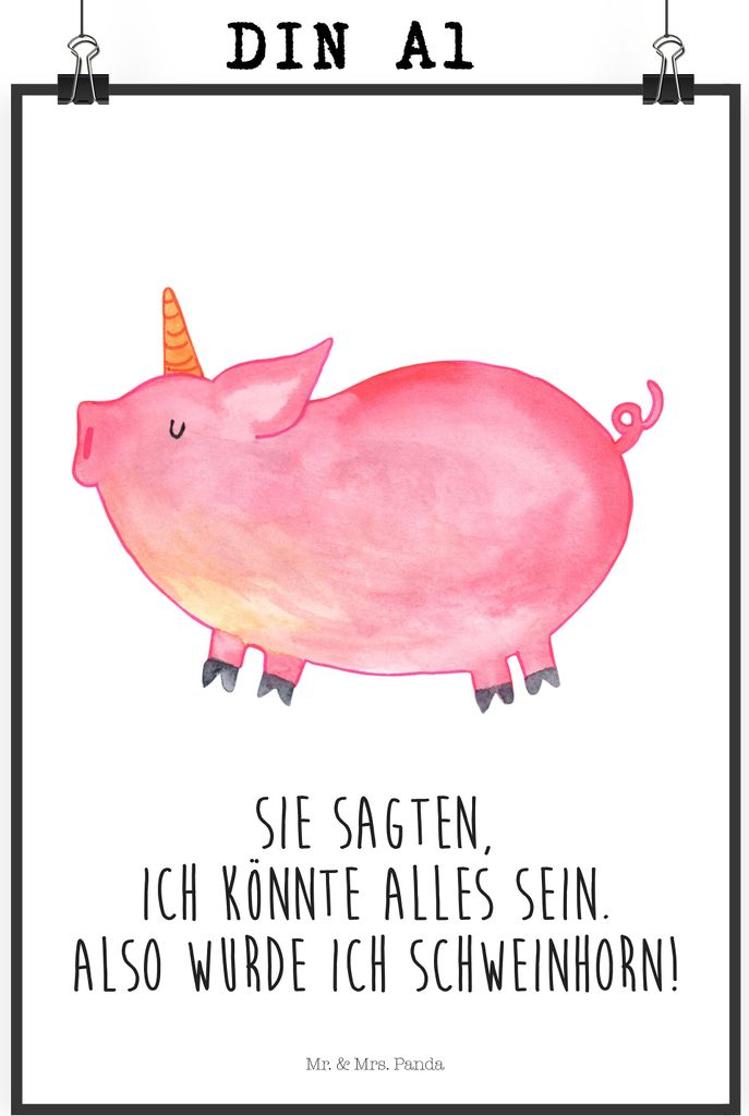Mr. & Mrs. Panda Bild Einhorn Schwein DIN A1 - Weiß - Geschenk, Wandbild, Party, Deko, Einhörner, drucke, Plakat, wanddeko, Unicorn, Englisch, En...