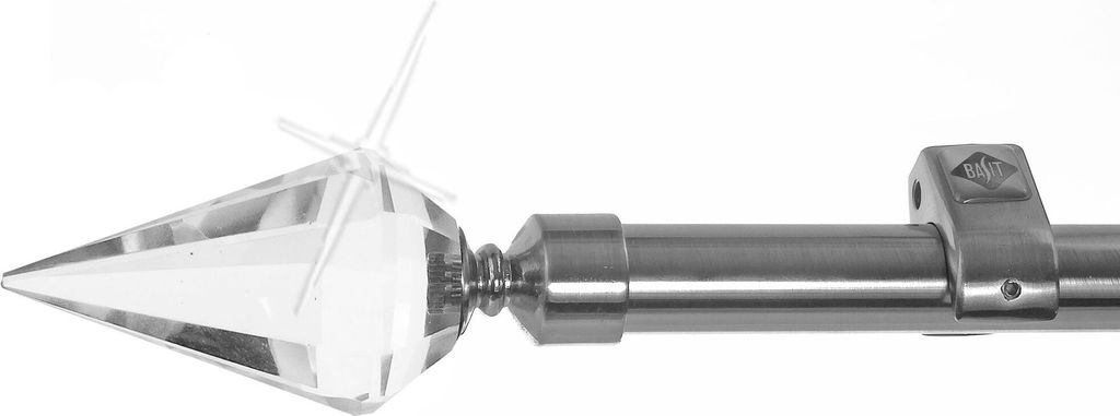 Edelstahl Look Gardinenstange 20mm Wandträger 1-läufig Kristall Spitze, Länge wählbar D50 E37 R