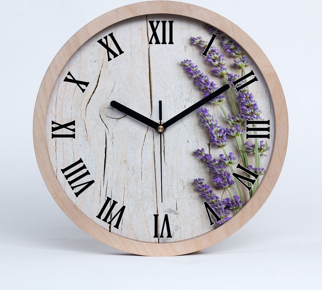 Holzuhr 20fi cm wanduhr - schwarze Spitzen - Lavendel auf Holz