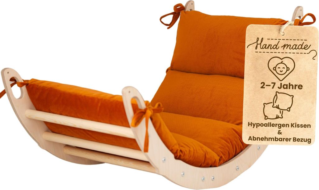 WoodsCraft - Kletterbogen mit Hypoallergen Kissen - Holz Klettergerüst Indoor - Holzwippe, Bogenwippe, Wippe - Montessori Kletterspielzeug