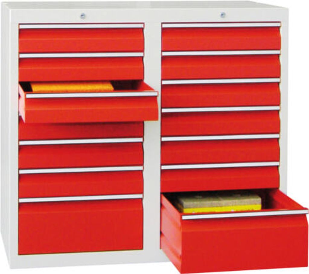 Schubladenschrank - 900x1.000 mm - 2 Schubladenreihe - 8x200 mm - Traglast 15 kg - lichtgrau/feuerrot