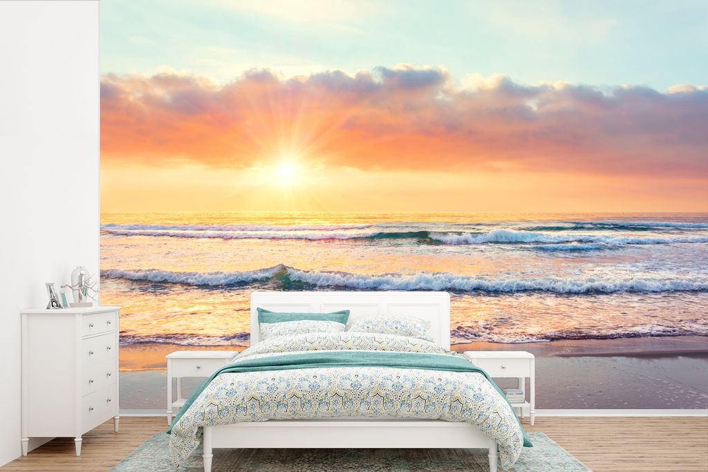 MuchoWow Fototapete für Wohnzimmer oder Schlafzimmer Wandtapete Vinyl Motivtapete Wellen - Sonnenuntergang - Ozean - 420x280 cm - Zimmer für Ki...