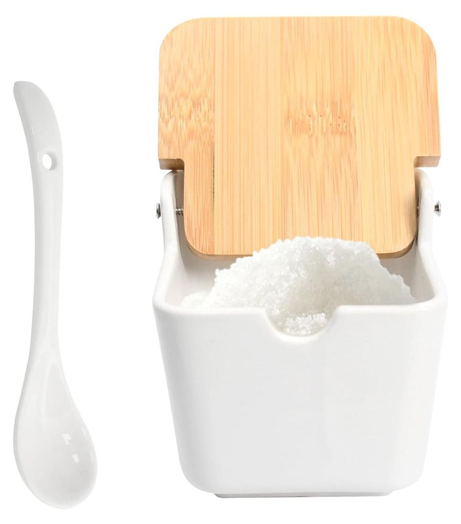 Zuckerdose mit Deckel und Löffel aus Keramik – Salzstreuer mit Deckel, 250ml Salzbehälter für Zucker, Gewürze, Küche, Weiß, 9 x 9,5 x 9,5 cm