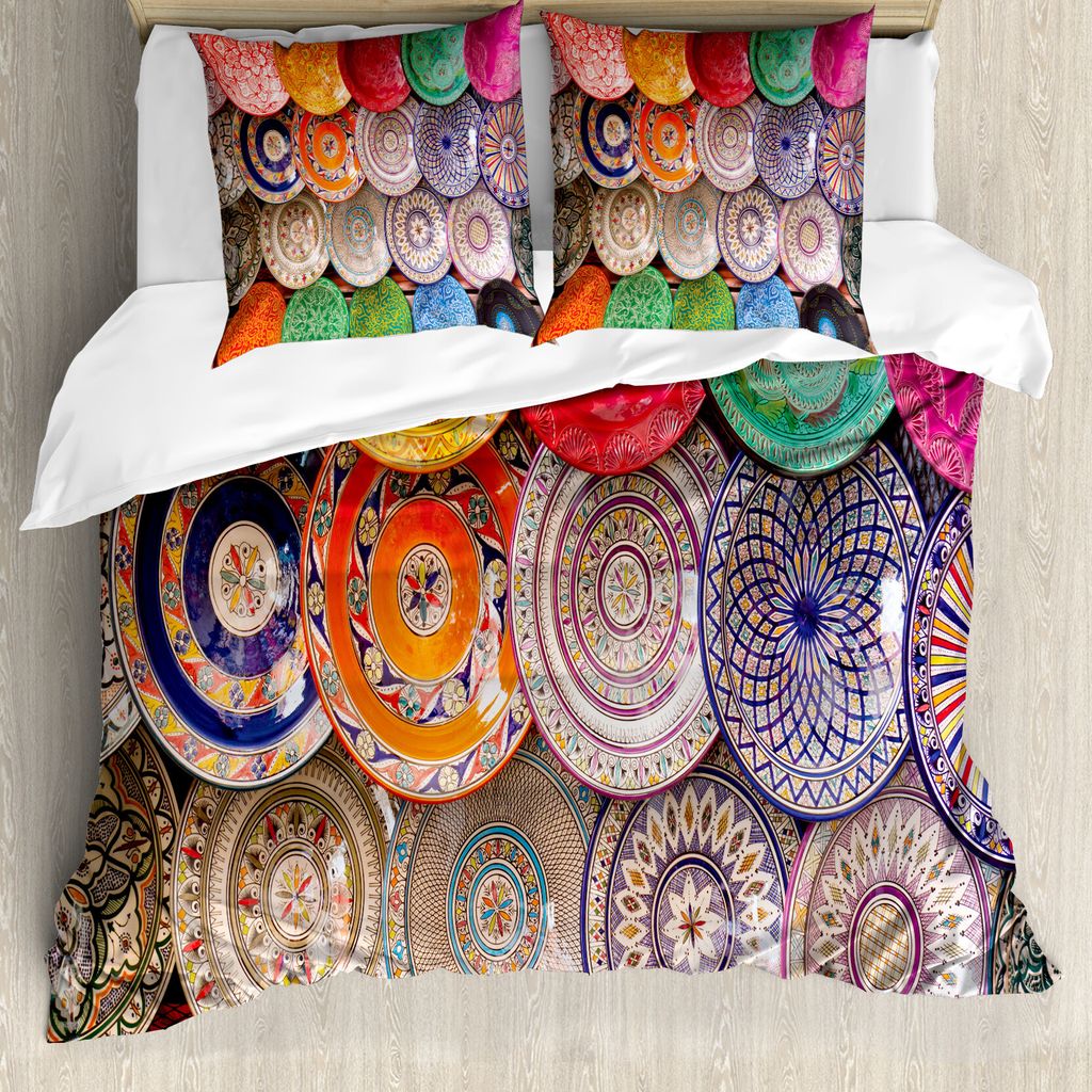 ABAKUHAUS marokkanisch Bettbezug, traditionelle Bunte, Milbensicher Allergiker geeignet mit Kissenbezügen, 200 cm x 200 cm - 80 x 80 cm, Mehrfarbig