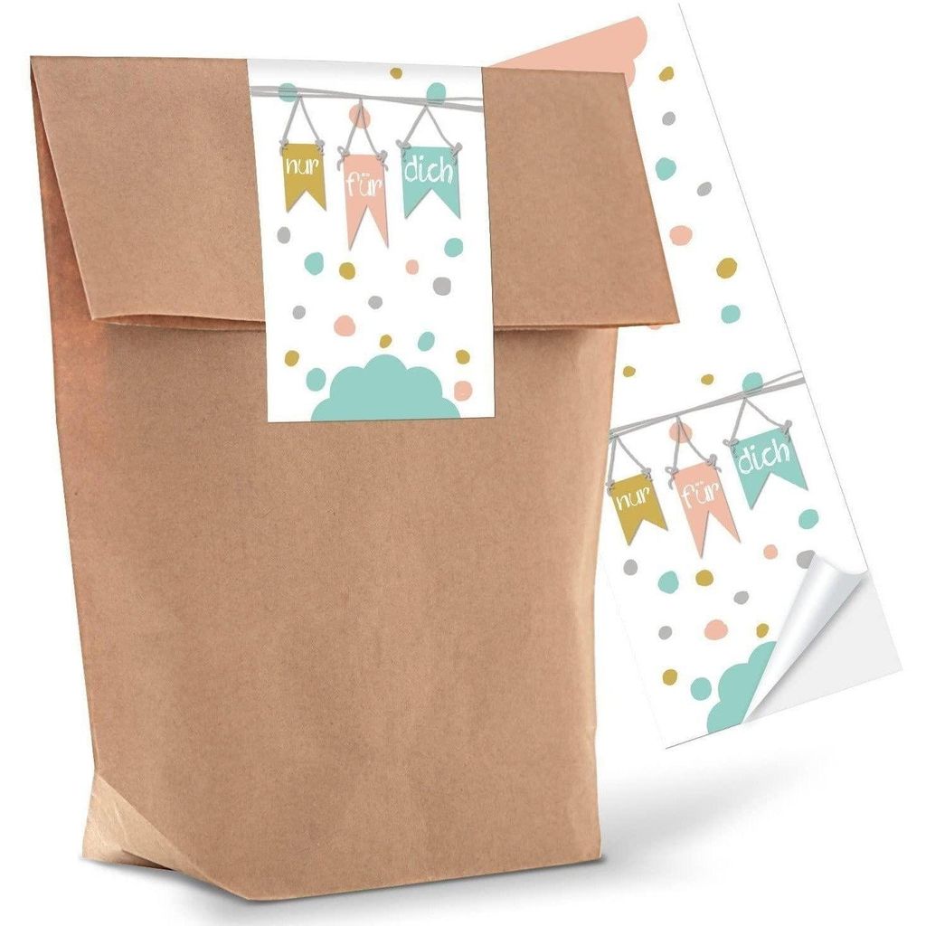 10 kleine braune Geschenktüten Papier-Tüten mit Aufkleber Sticker NUR FÜR DICH in Pastell-Farben 14 x 22 x 5,6 cm Kindertüten Geburtstagstüten...