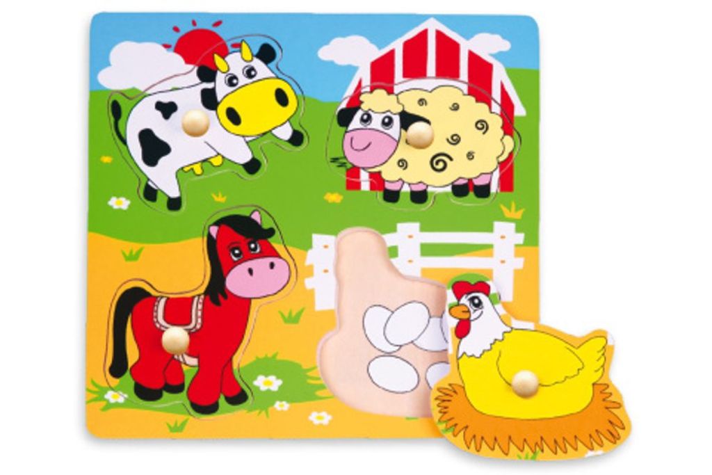 Viga Holzknopfpuzzle, Bauernhoftiere, Größe 22x22 cm, 4 Teile, 1 Stück