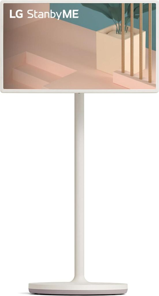 A white LG StandbyME television on a white stand against a white background.