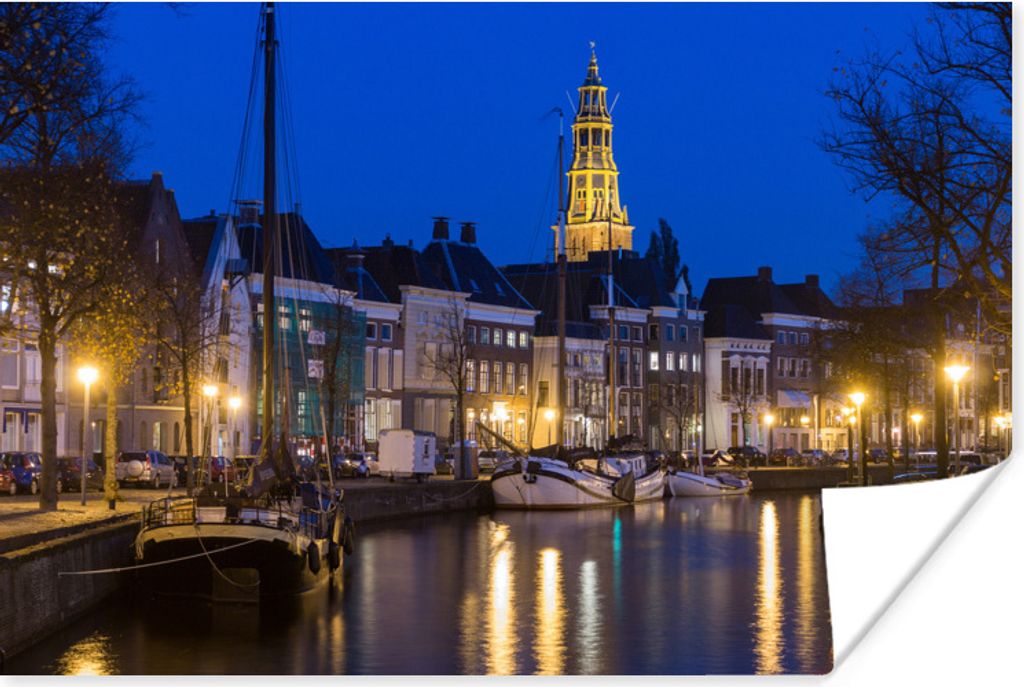 MuchoWow Poster Groningen - Nacht - Grachtenhaus 60x40 cm - Schlafzimmerdekoration