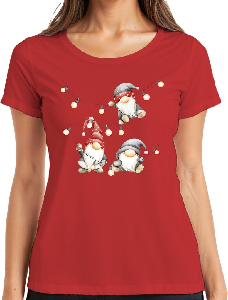 Weihnachtswichtel Weihnachten Lichterkette niedlich Skandinavisch Damen T-Shirt, Rot, XXL