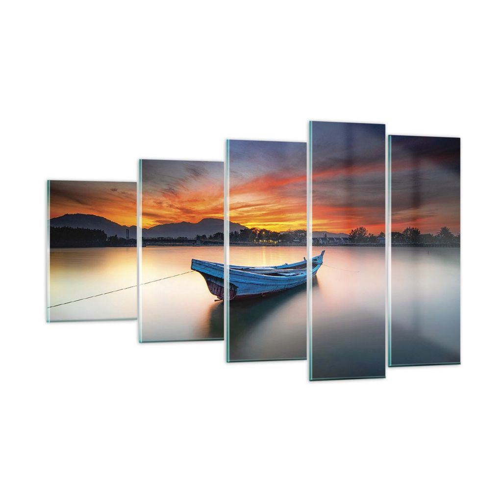 Bilder auf glas - 5 Teile - Westen Sonne Boot - 100x60cm - Glasbilder - Wandbilder - Bilder - zum Aufhängen bereit - Wanddekoration aus Glas - Gla...