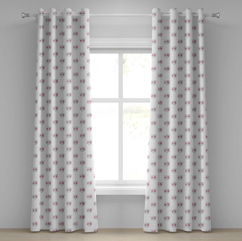 ABAKUHAUS emoji Ösenvorhang, Katzengesichter mit rosa Herz geformten Augen romantische Tier Kitty Mascot In Love, Dekorative 2-Panel-Fenstervorhä...