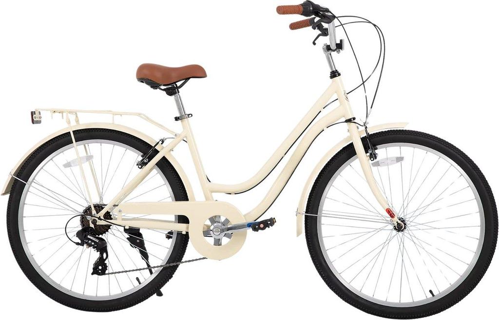 Strandcruiser Fahrrad Beige – 7-Gang City Bike für Herren & Damen – Retro Stil mit Gepäckträger – 26 Zoll (66 cm) – Komfortabler Tiefein...