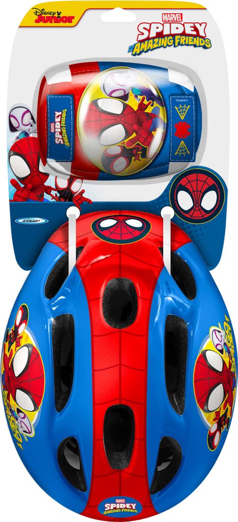 STAMP Combo Set SPIDEY Helm und Ellbogen Knieschützer - Helmgröße 53-56 cm - Rot/Blau; SP330507