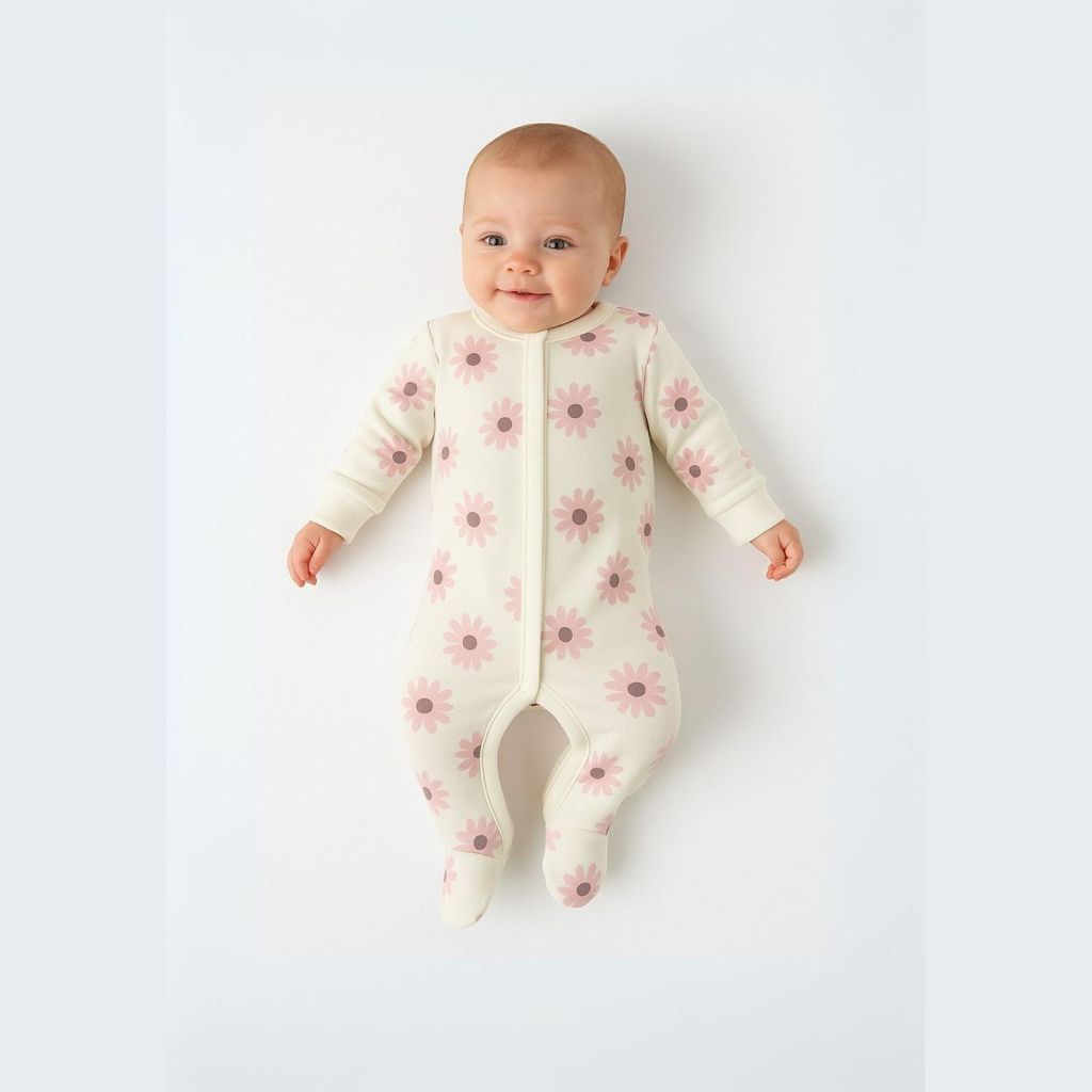Minoti Strampler 100% Baumwolle Rosa mit Blumendruck für Mädchen - Baby Langarm Schlafanzug mit Druckknöpfen