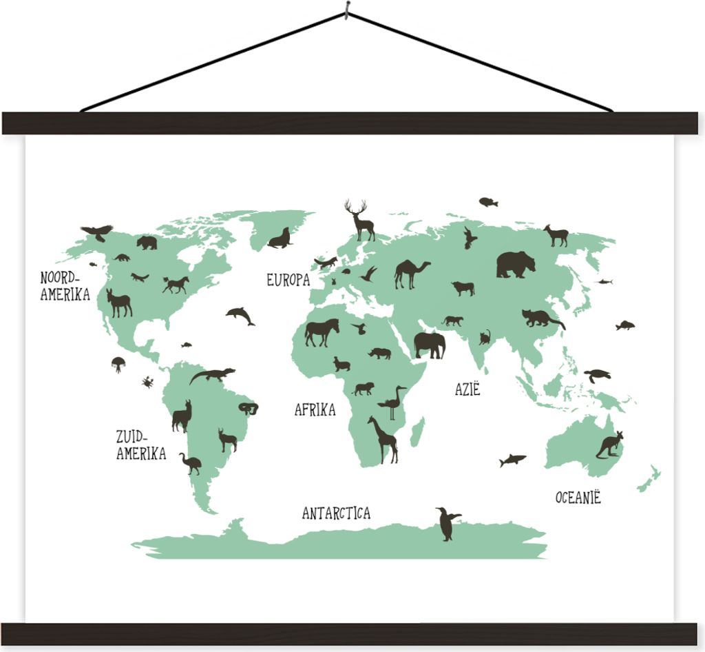MuchoWow Textilposter Weltkarte Kinder - Tiere - Türkis 150x113 cm mit schwarzem Rahmen - Wohnzimmer