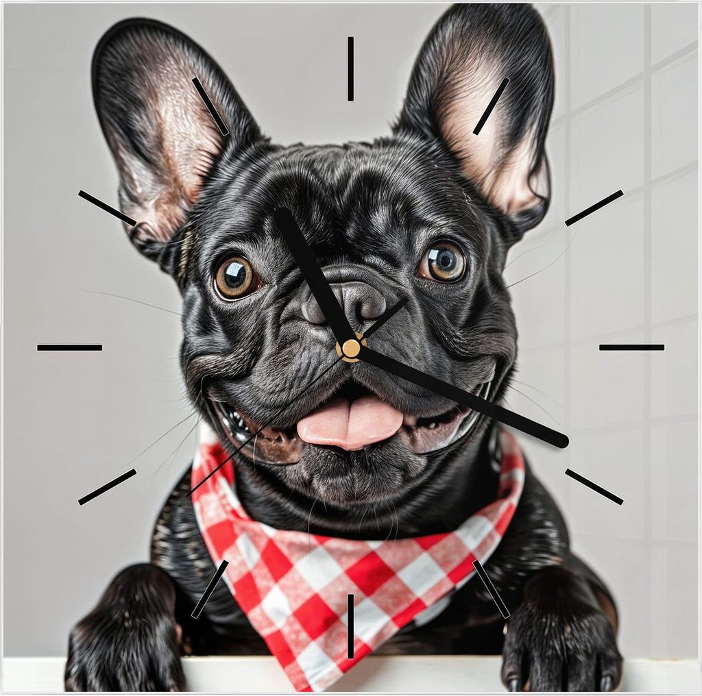 Wanduhr aus Glas mit Motiv Französische Bulldogge- 30 x 30 cm - inkl. Aufhängesystem