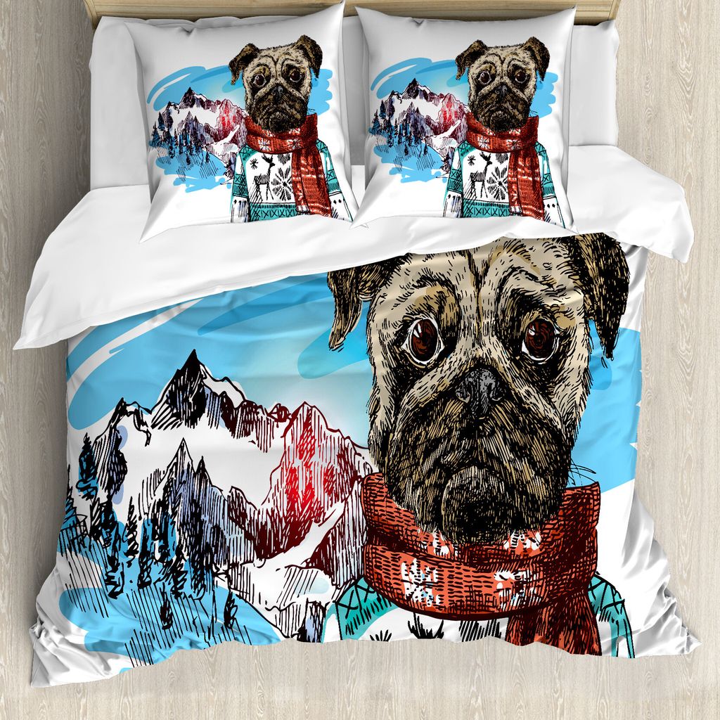 ABAKUHAUS Mops Bettbezugs Set Für Doppelbetten, Sketch Style Hund Gekritzel, Milbensicher Allergiker geeignet mit Kissenbezügen, Blau Rubin